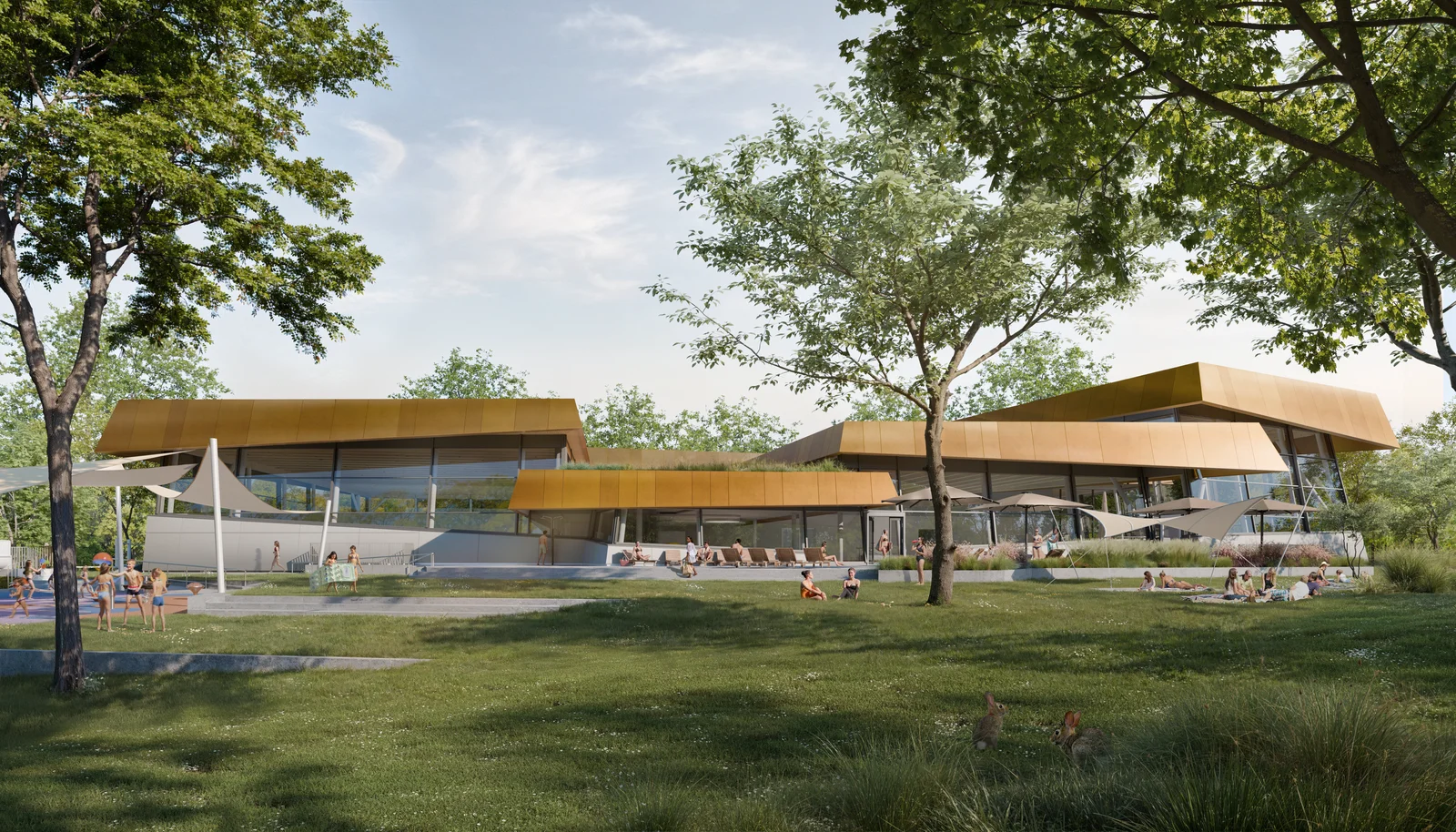 Visualisierung Aussenansicht Neubau Hallenbad Zuffenhausen - Badgebaeude mit großer Liegewiese und schattenspendenden Bäumen