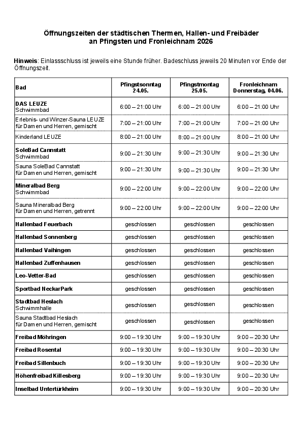 Eine PDF-Datei mit der Übersicht der Öffnungszeiten der städtischen Thermen, Hallen- und Freibäder an Pfingsten und Fronleichnam 2026