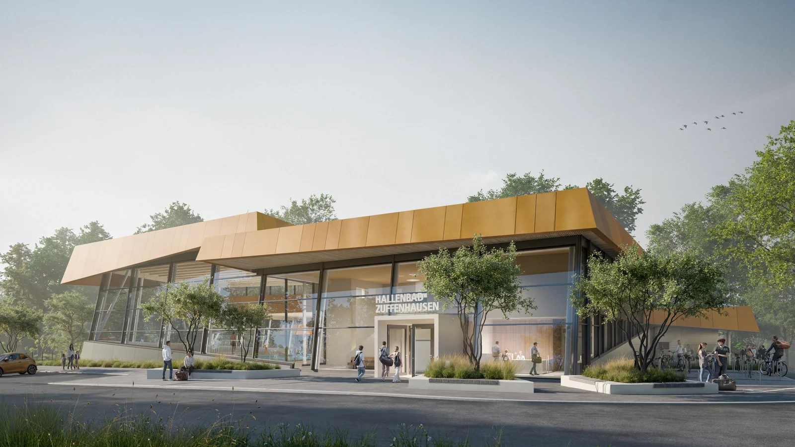 Visualisierung Aussenansicht Glasfassade Neubau Hallenbad Zuffenhausen