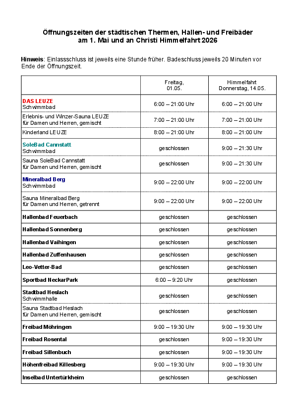 PDF-Datei mit den Öffnungszeiten der städtischen Thermen, Hallen- und Freibäder am 1. Mai und an Christi Himmelfahrt 2026