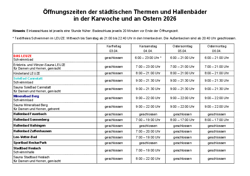 Tabelle mit den Öffnungszeiten der städtischen Thermen und Hallenbäder in der Karwoche und an Ostern 2026